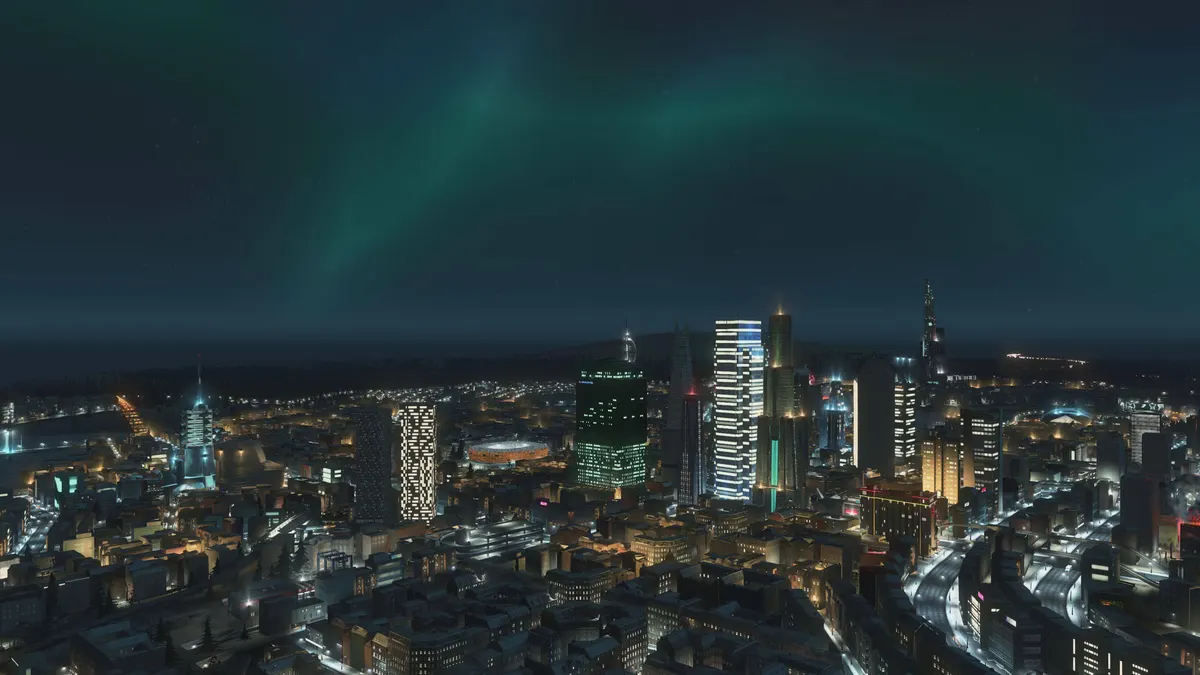 Horizonte nocturno con aurora boreal
