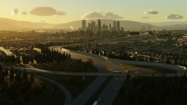 Nudo de autopista al atardecer