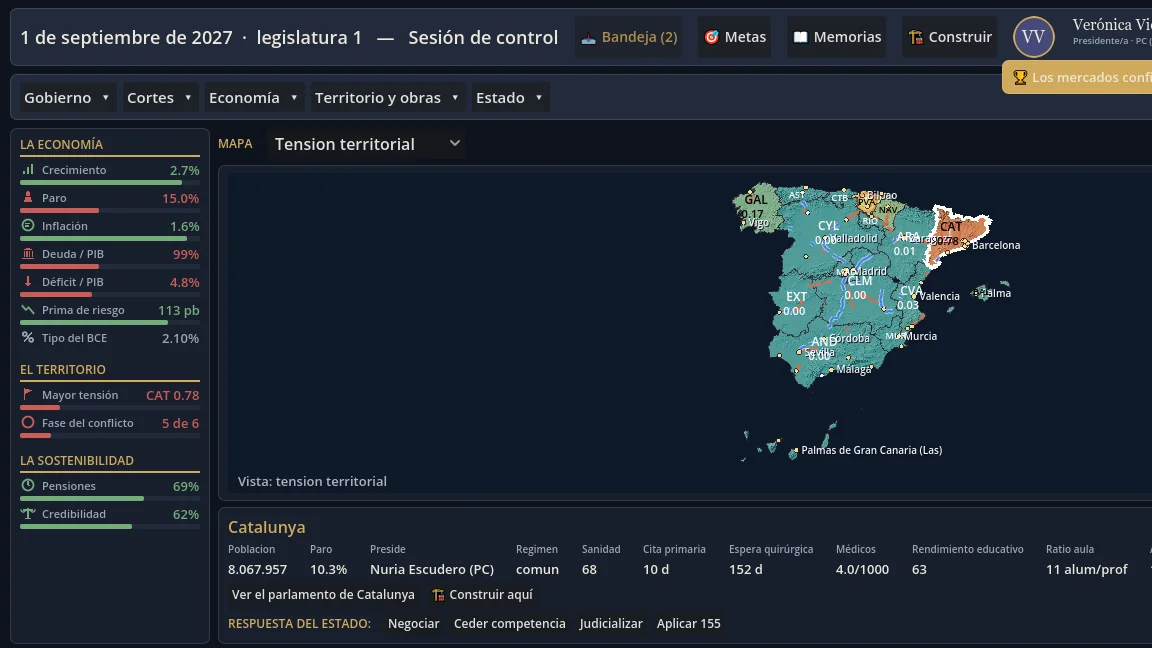 Pantalla principal de Poder y Nación: indicadores del país, mapa de España y bandeja de decisiones